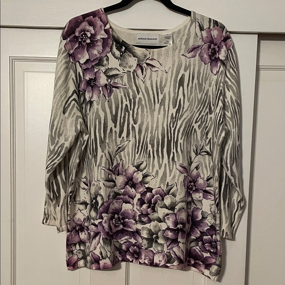 Alfred Dunner Purple Floral Zebra Print Blouse